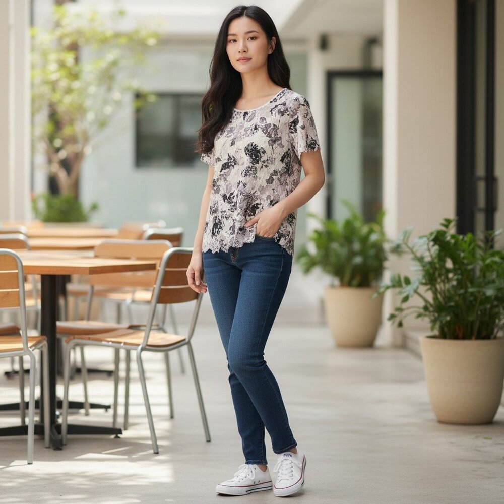Isaac Mizrahi Live! Lace Top – Cream, Grey & Black – Size M